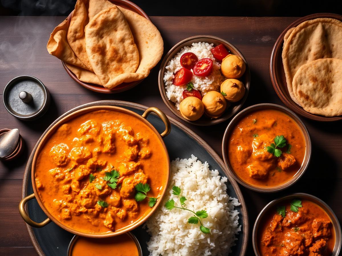 Indian curry spread with butter chicken, naan, and rice