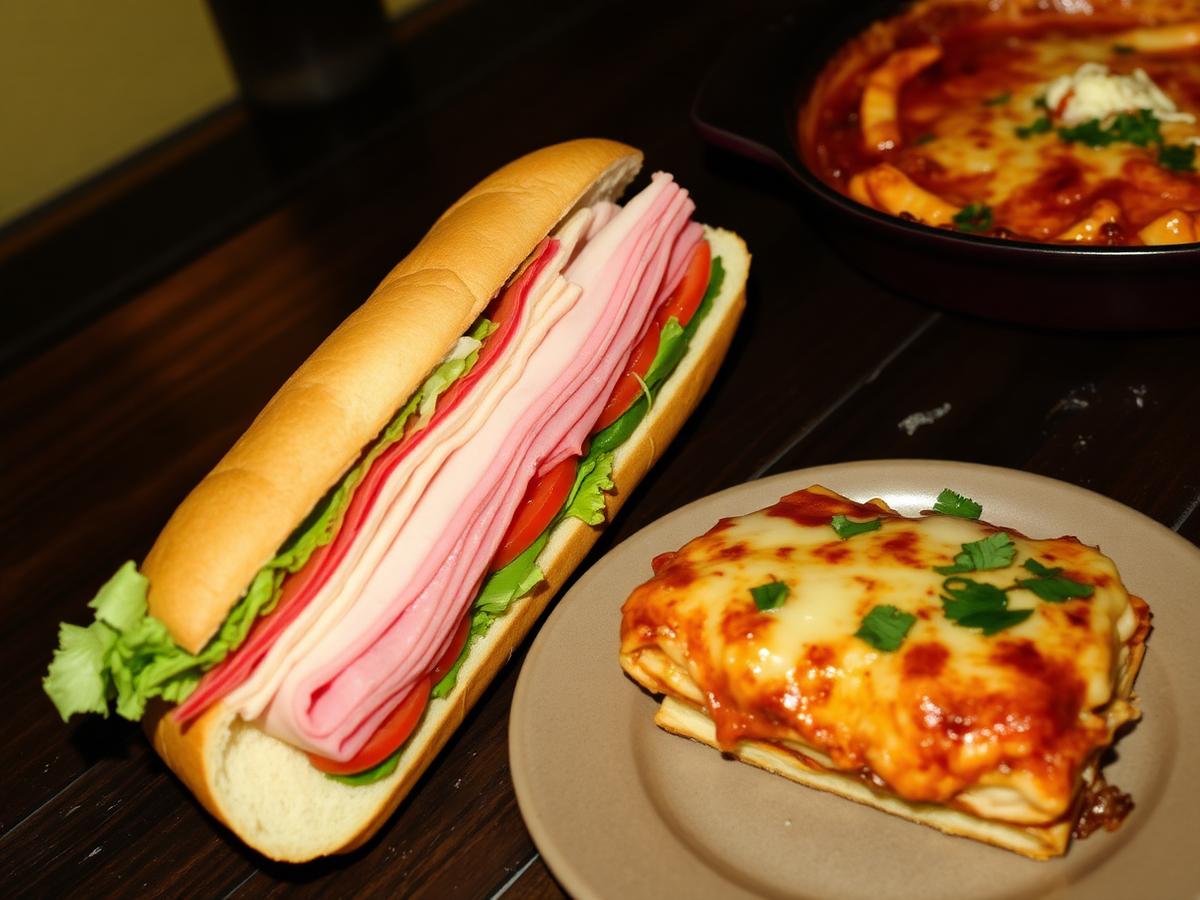 Foot-long sub sandwich beside baked lasagna